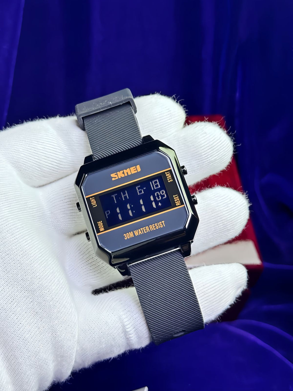 SKMEI Square Digital Watch — 30M Water Resistant Sports Edition | Gray & Black with Orange Display