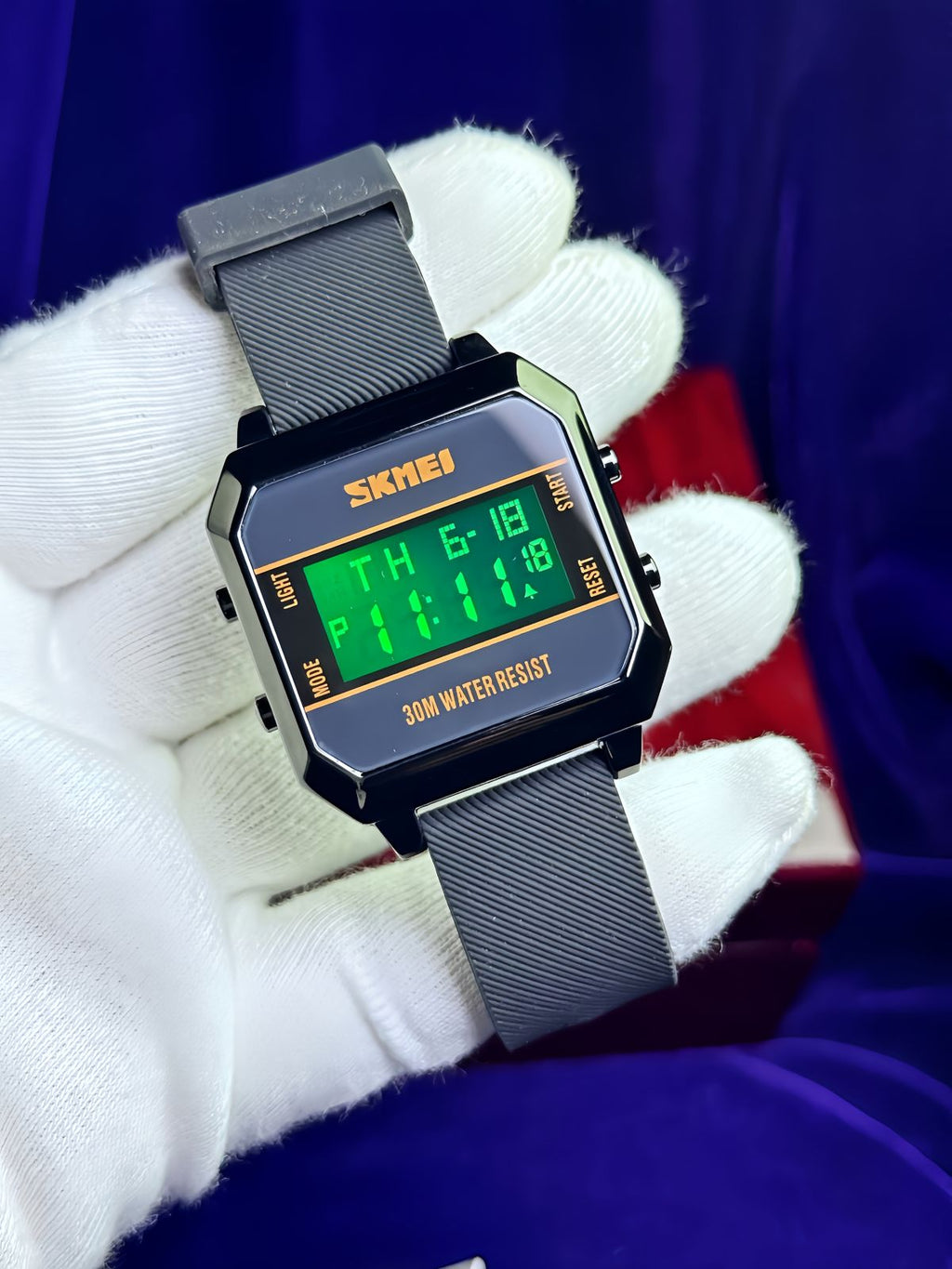 SKMEI Square Digital Watch — 30M Water Resistant Sports Edition | Gray & Black with Orange Display