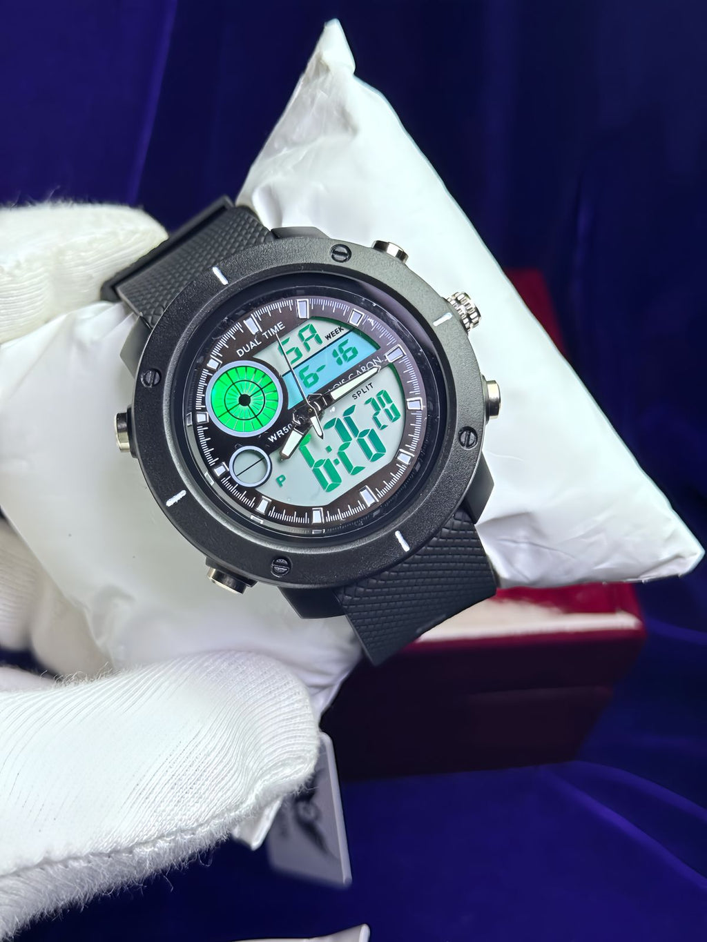 Dual Time Analog-Digital Sports Watch — WR50 Big Dial | Green Display | Black Rubber Strap