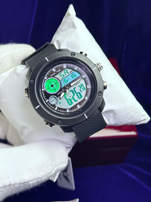 Dual Time Analog-Digital Sports Watch — WR50 Big Dial | Green Display | Black Rubber Strap